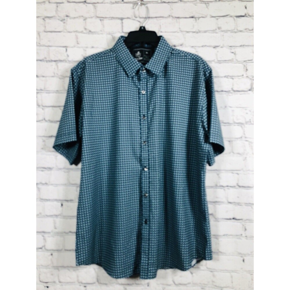Rugby University Men Shirt Short Sleeve Button Down Geometric Stretch Teal XL